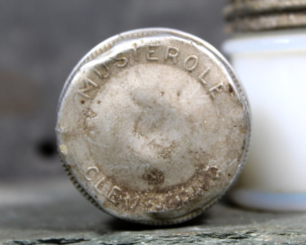 Antique Musterole Milk Glass Jars with Tin Lids | Gorgeous Vintage Patina | Circa 1910s/20s