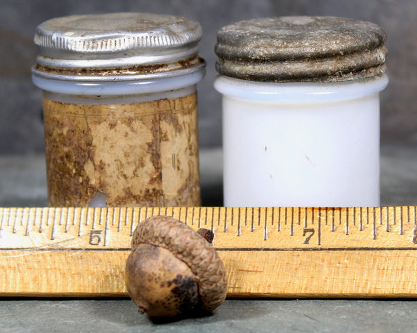 Antique Musterole Milk Glass Jars with Tin Lids | Gorgeous Vintage Patina | Circa 1910s/20s