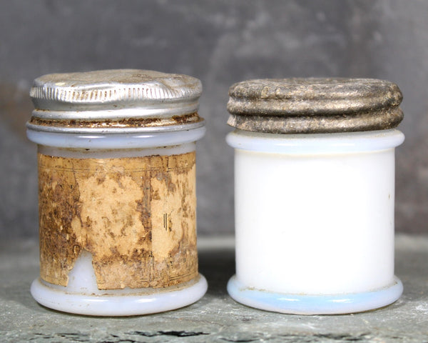 Antique Musterole Milk Glass Jars with Tin Lids | Gorgeous Vintage Patina | Circa 1910s/20s