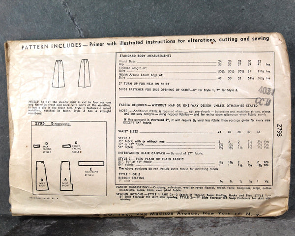 1949 Simplicity #2793 Skirt Pattern | Waist 26"/Hip 35" | COMPLETE Cut Pattern in Original Envelope