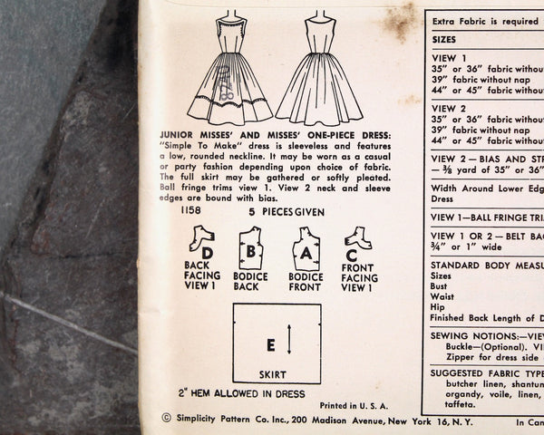 1953 Simplicity #1158 Dress Pattern | Size 16/Bust 34" | COMPLETE Cut Pattern in Original Envelope