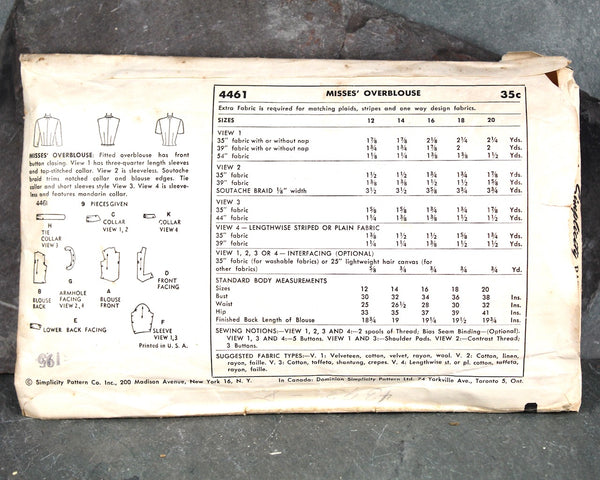 1950s Simplicity #4461 Blouse Pattern | Size 14/Bust 32" | COMPLETE Cut Pattern in Original Envelope