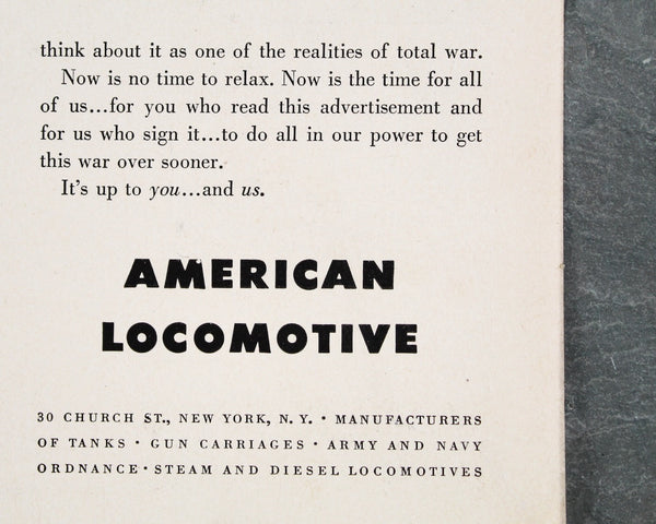 1943 Vintage American Locomotive Advertisement | World War II "It's Dinnertime in America" Ad | UNFRAMED Vintage Ad Page | Ty Mahon