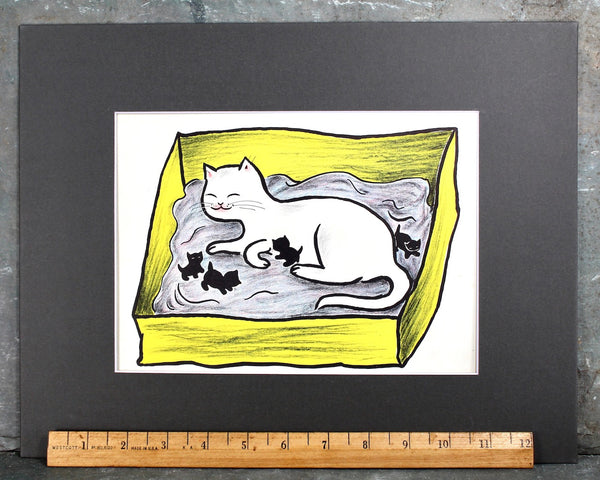 Children's Room Art - Mommy & Kittens - Authentic Original Book Illustrations With Custom Mat Fits 11" x 14" Frame - Sold UNFRAMED